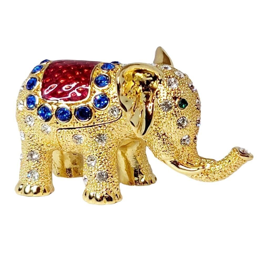 Vintage Bejeweled Enameled Magnetic Gold‎ Elephant Trinket Box